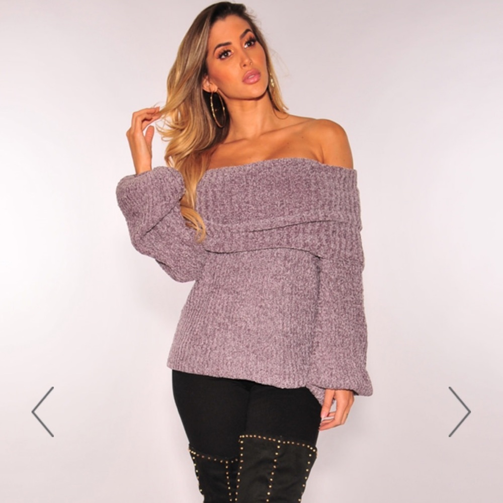 Gray Ribbed Knot Foldover Off Shoulder Sweater